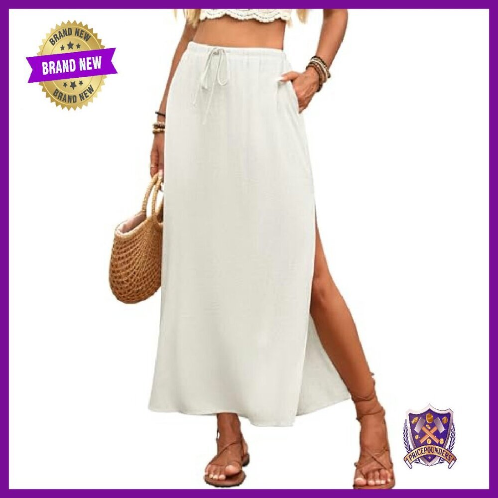 Linen Maxi Skirt with Pockets, Elastic Waist, Side Slit, Flowy - Picture 2 of 8